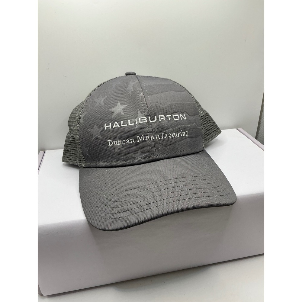 Halliburton Duncan Manufacturing Grey Trucker Hat Snapback Flag Pattern Mens Cap